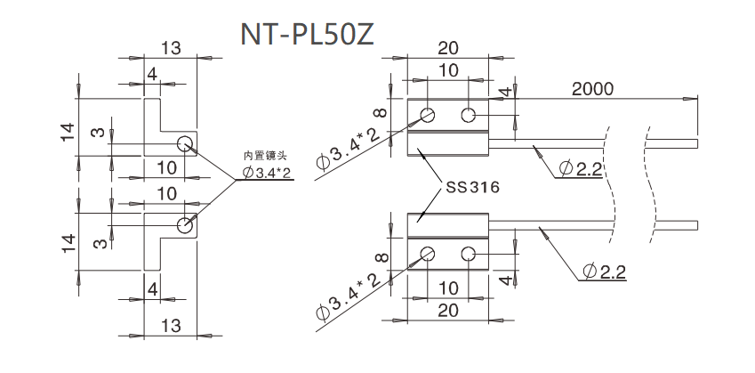 NT-PL50Z 对射/支架/检测距离:3100mm尺寸结构