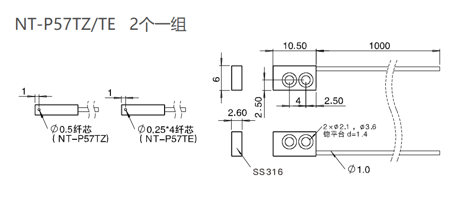 NT-P57TZ/TE 对射/侧发光/平板/检测距离:140mm尺寸结构