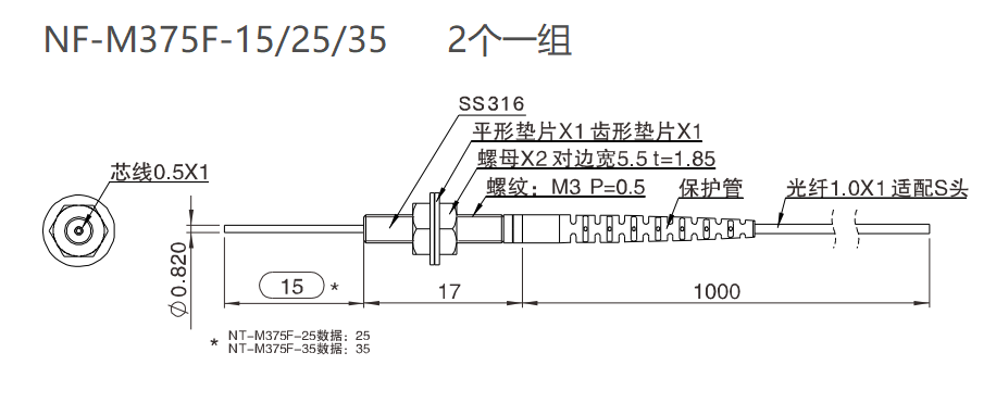 NT-M375F-15/25/35 对射 / 检测距离:170mm / 凸管尺寸结构